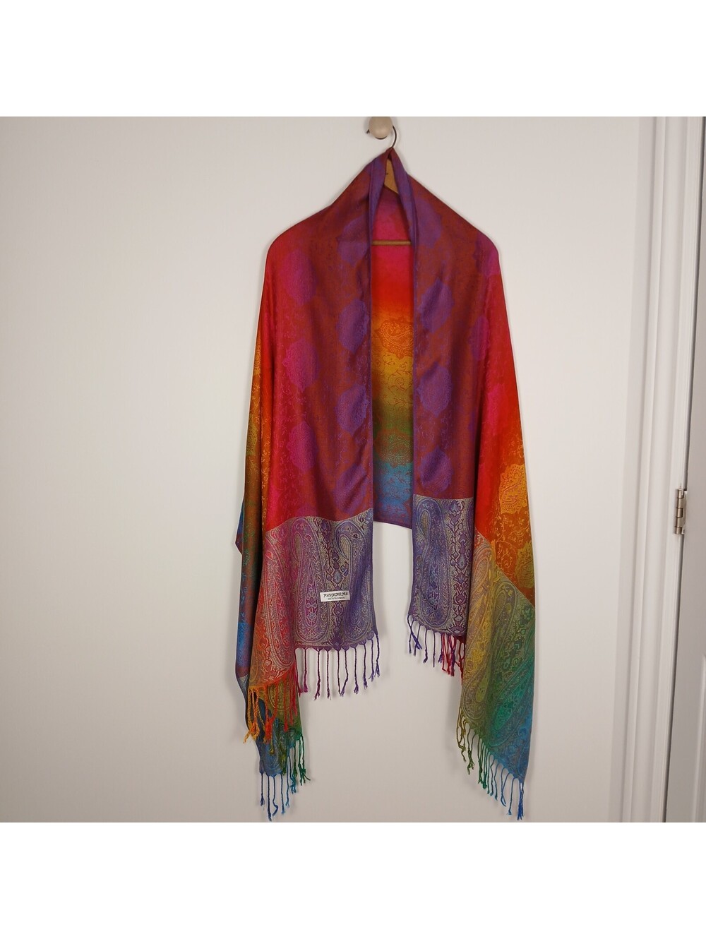 100% Pashmina Women's Scarf Boho Multi-colored Paisley Fringe 73 x 27